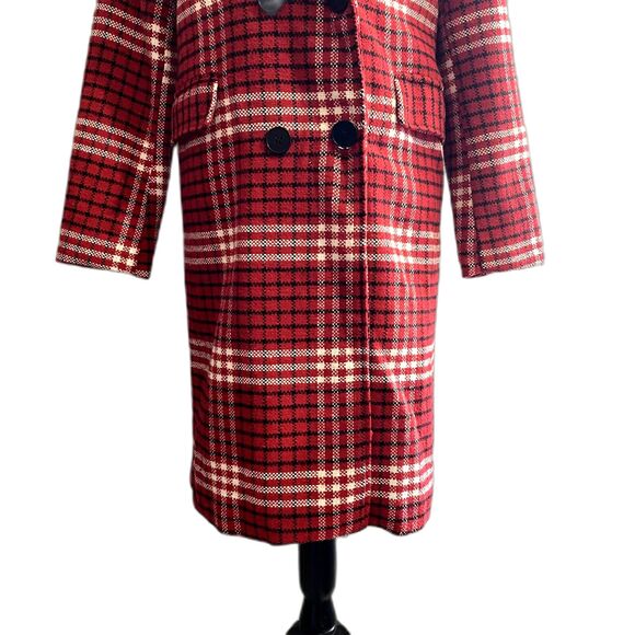 Chartou Red White Plaid Peacoat Winter Coat Longline Wool Blend Size Small‎ - Picture 3 of 6